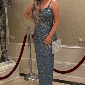 Mac Duggal 5477: Elegant Blue and Silver Embellished Formal Dress Gown